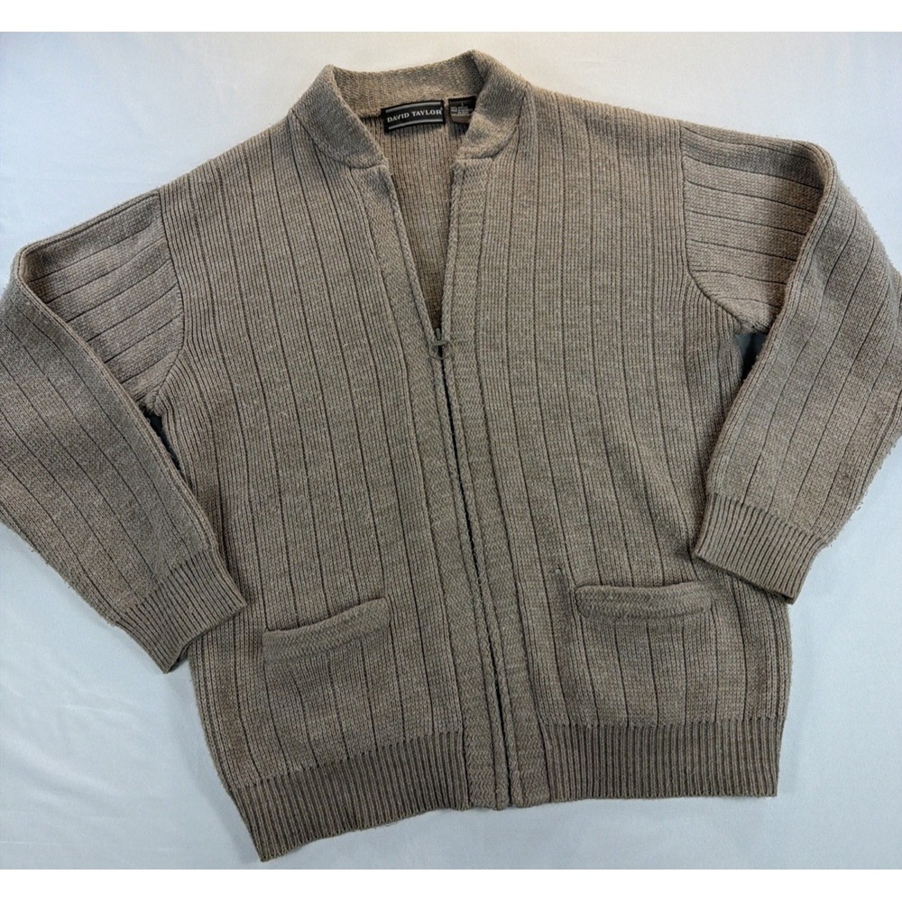 Vintage David Taylor Full Zip Cardigan 90s Beige Knit Grandpa Sweater - Size S